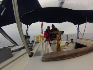 Dressed for the rain in our foul weather gear, affectionately known as "foulies"