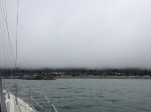 Approaching the Chetco River Bar, Brookings - fog lifting