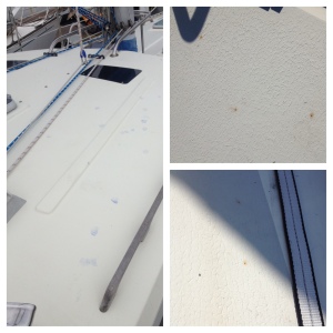 It's not all fun living on a boat.  We spent several hours the last couple of days removing dozens of mysterious rust stains from the deck.