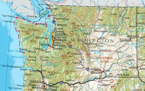 Starting at the lower left, this is where we are now - Gray's Harbor.  Follow the dashed line and circles for our probably next several stops.  