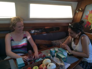 Hanging out on board, playing Trivial Persuit