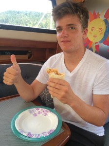 Noah giving the thumbs up to classic Johns family cuisine, the spaghetti burrito  
