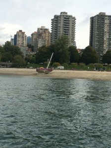 As we entered False Creek we noticed this boat on the beach.  Sad.  